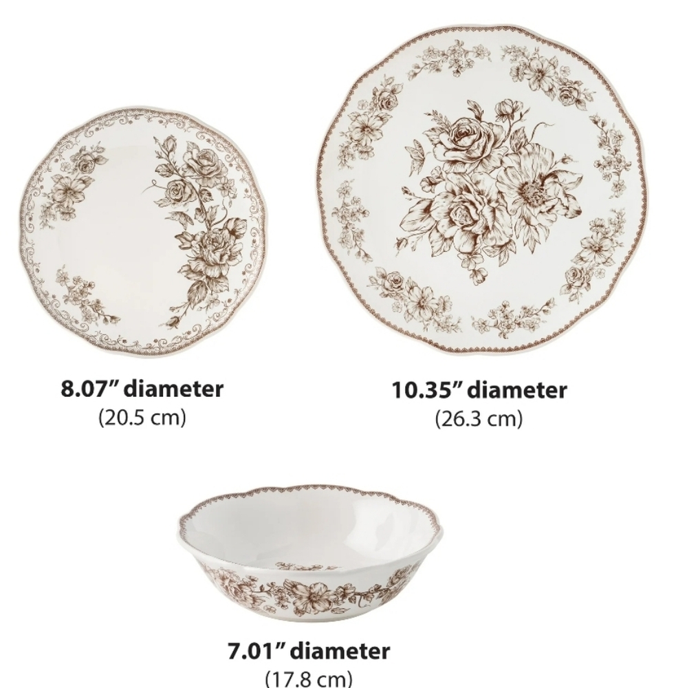 💜 2025 12 Piece Pioneer Woman Agatha Brown Elegant Floral Dinnerware Set - Picture 2 of 3